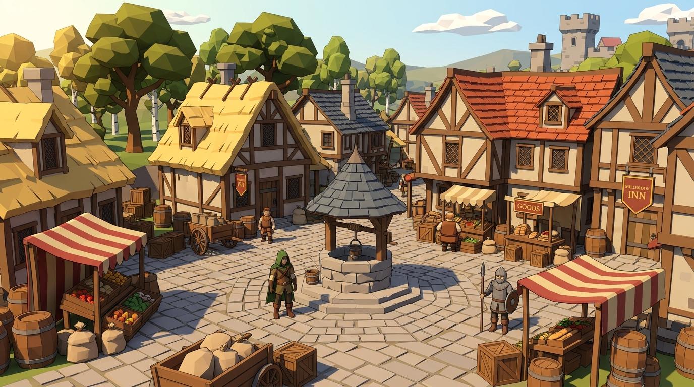 A village square with half-timbered houses, market stalls and a stone well in the middle. A hooded traveller and a guard with a spear stand on the cobbles.