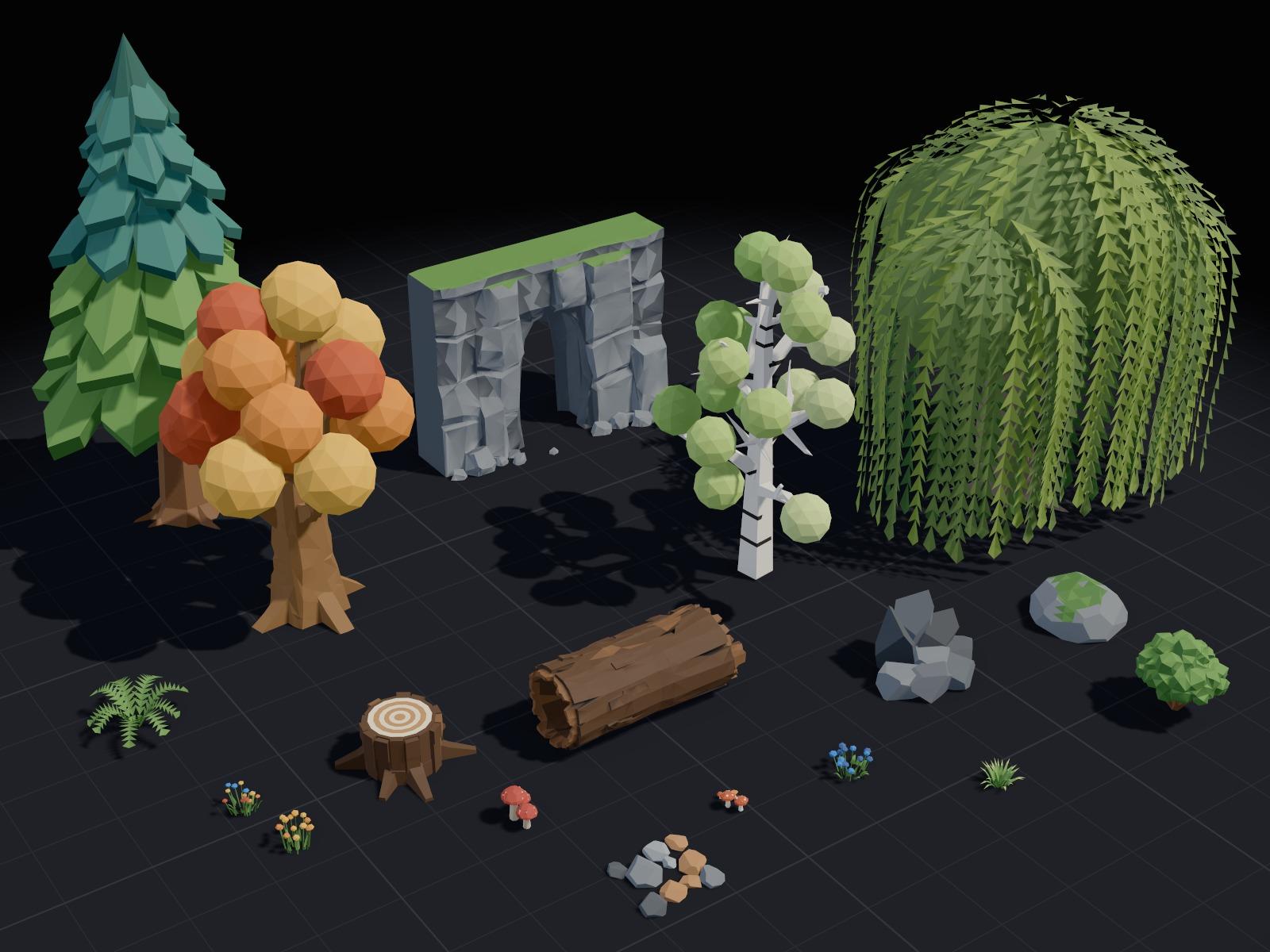 A pine, a weeping willow, an autumn oak, a birch, a cliff with a cave, a hollow log, a stump, rocks, mushrooms and flowers from the pack, standing on a dark floor.