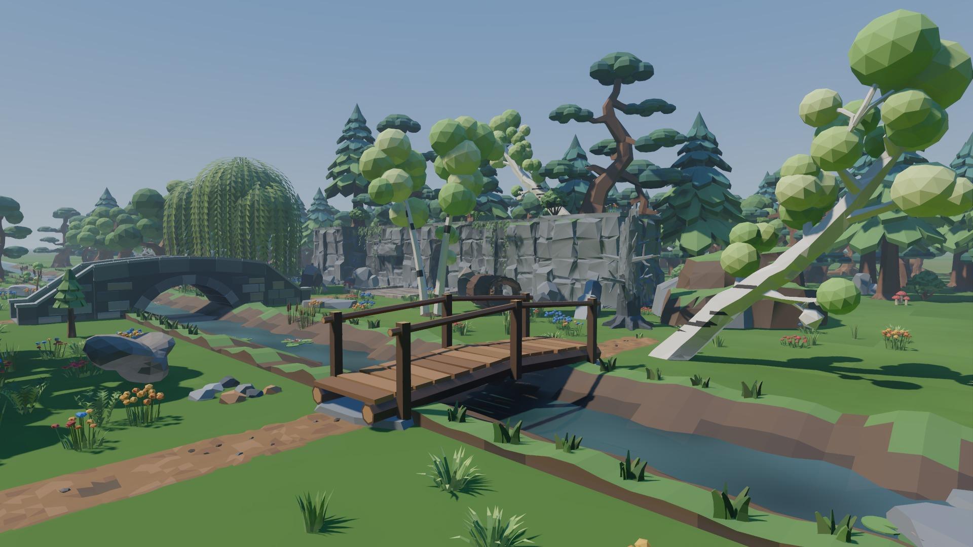 A wooden plank bridge over a stream, with leaning birch trees, a stone arch bridge and a cliff behind it.